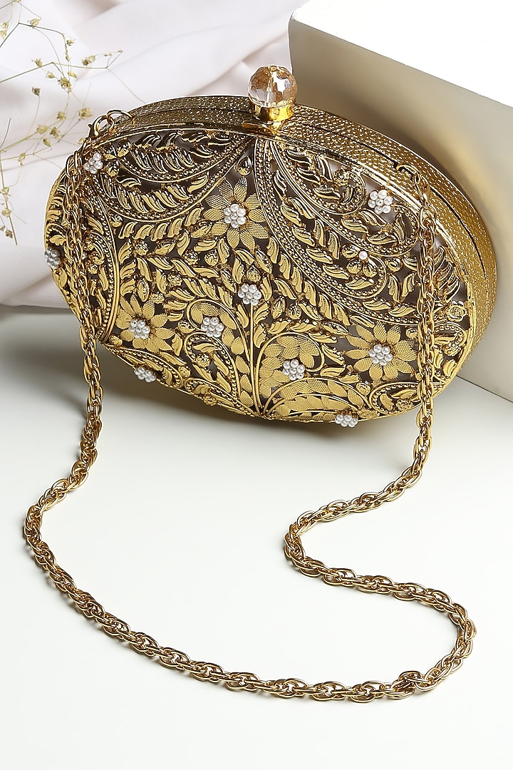 Gold Brass & Mother Of Pearl Embellished Oval-Shaped Clutch by House of Webhin at Pernia's Pop Up Shop