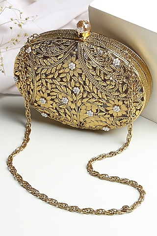 Gold Brass & Mother Of Pearl Embellished Oval-Shaped Clutch by House of Webhin