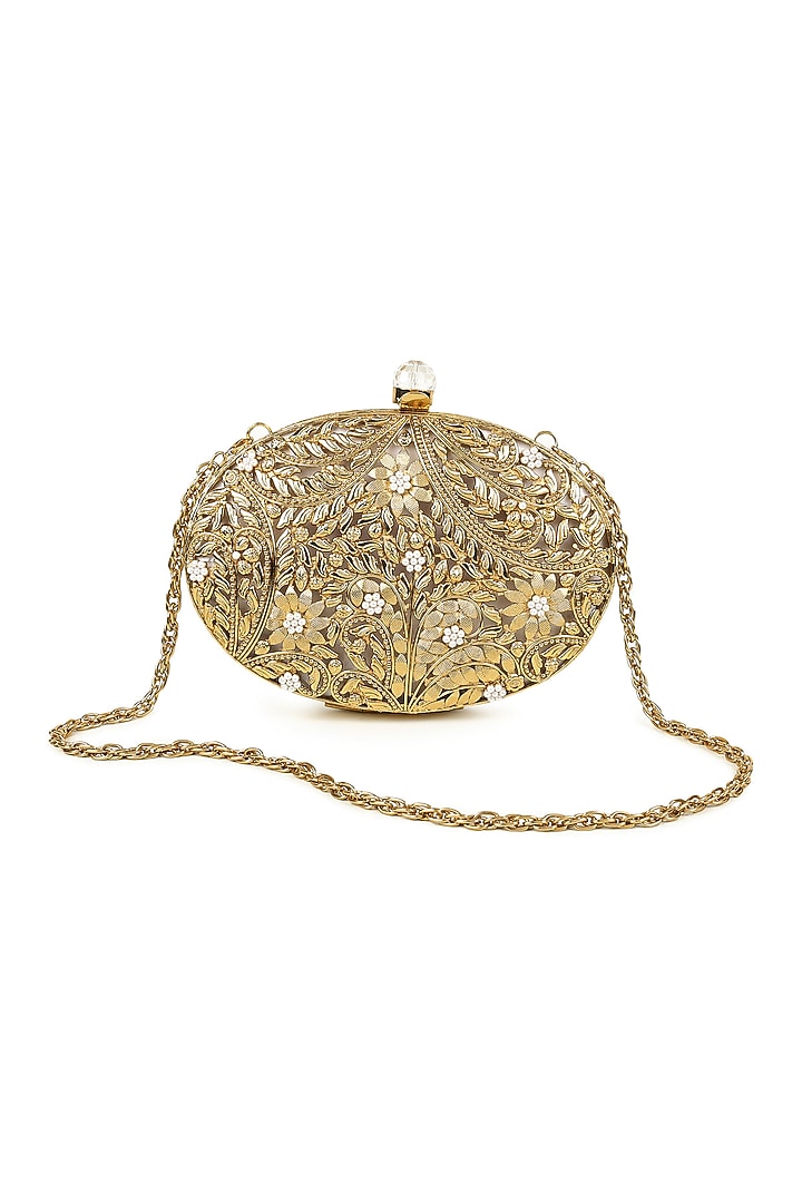 Gold Brass & Mother Of Pearl Embellished Oval-Shaped Clutch by House of Webhin at Pernia's Pop Up Shop
