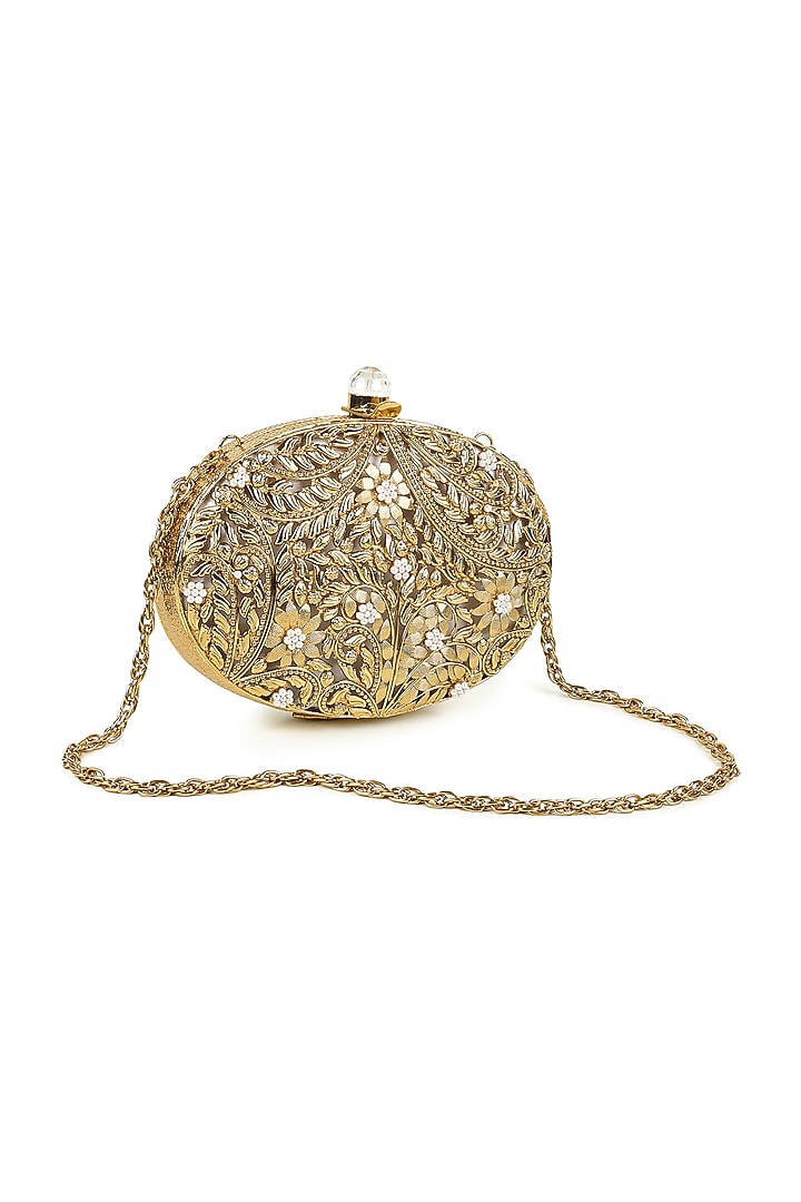 Gold Brass & Mother Of Pearl Embellished Oval-Shaped Clutch by House of Webhin at Pernia's Pop Up Shop