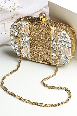 Gold Brass Pearl Embellished Clutch by House of Webhin