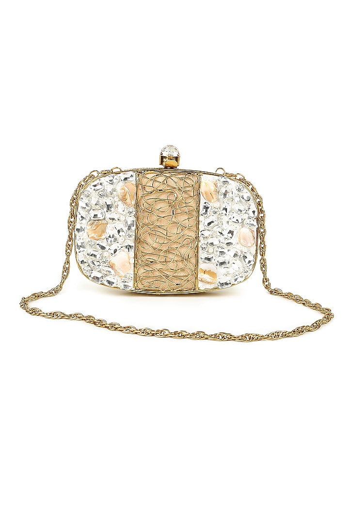 Gold Brass Pearl Embellished Clutch by House of Webhin at Pernia's Pop Up Shop