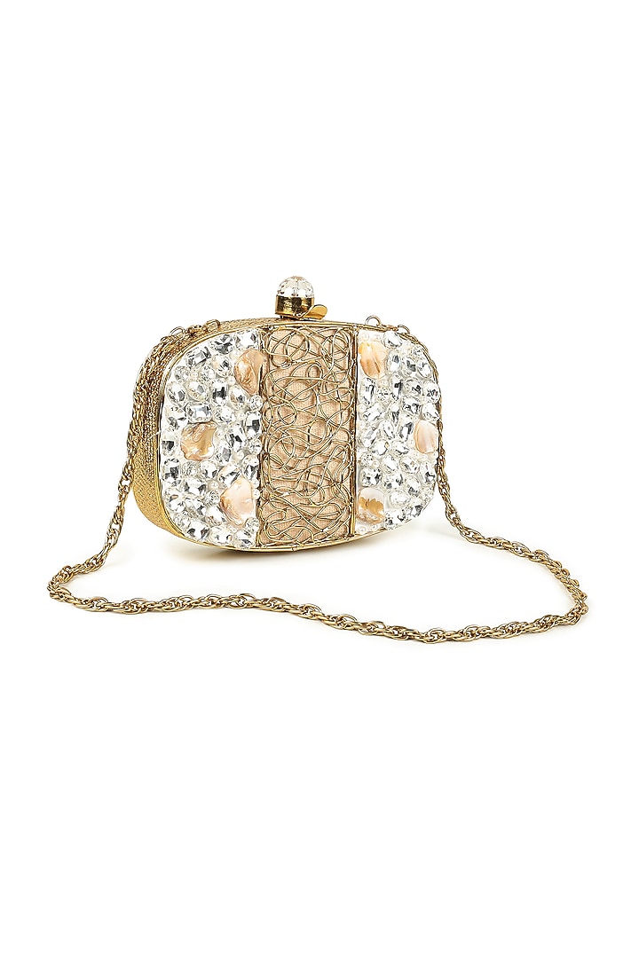 Gold Brass Pearl Embellished Clutch by House of Webhin at Pernia's Pop Up Shop