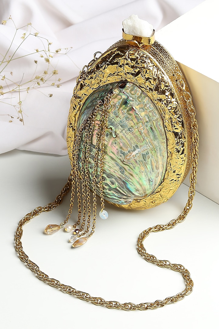 Gold Brass & Mother Of Pearl Oval-Shaped Clutch by House of Webhin at Pernia's Pop Up Shop