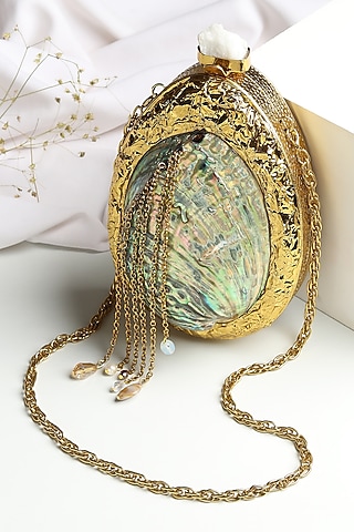 Gold Brass & Mother Of Pearl Oval-Shaped Clutch by House of Webhin