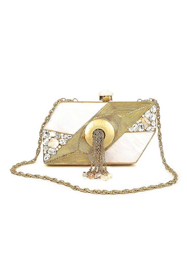 Gold Brass Pearl Embellished Clutch by House of Webhin at Pernia's Pop Up Shop