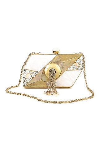 Gold Brass Pearl Embellished Clutch by House of Webhin