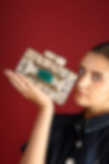 Gold Mother Of Pearl & Emerald Green Stone Rectangular Clutch by House of Webhin at Pernia's Pop Up Shop