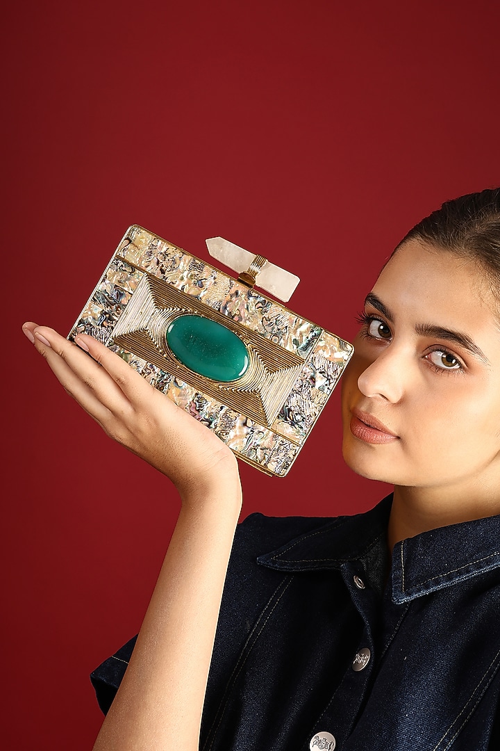 Gold Mother Of Pearl & Emerald Green Stone Rectangular Clutch by House of Webhin at Pernia's Pop Up Shop