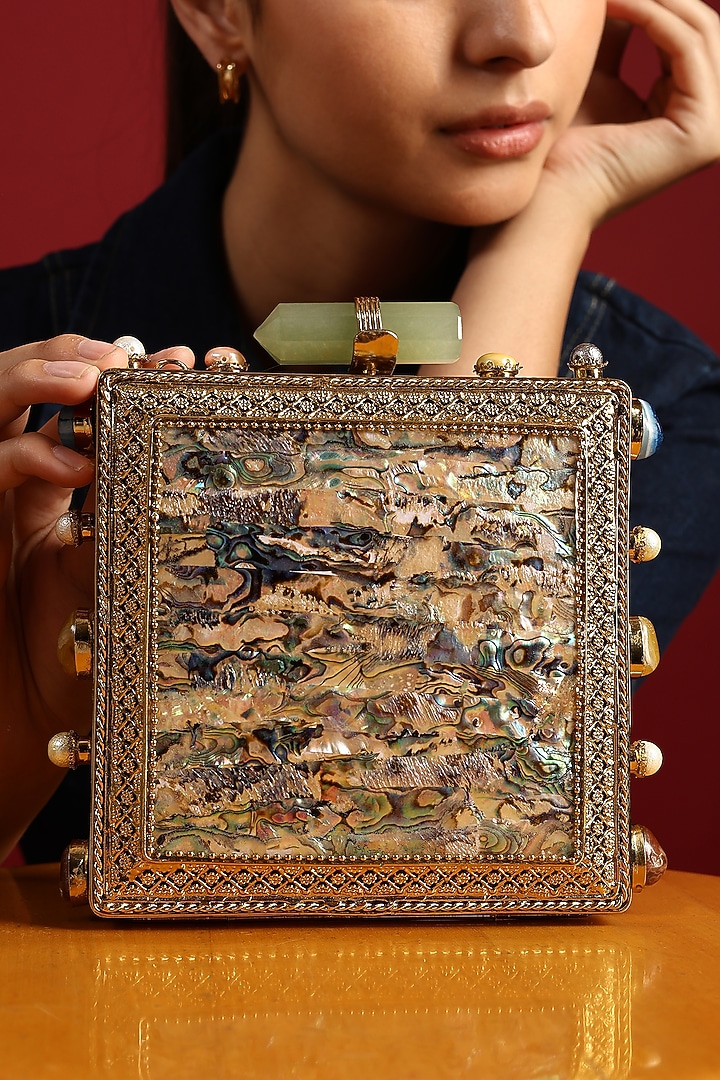 Gold Mother Of Pearl Square Clutch by House of Webhin at Pernia's Pop Up Shop