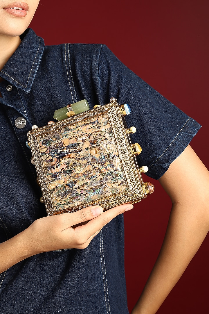 Gold Mother Of Pearl Square Clutch by House of Webhin at Pernia's Pop Up Shop