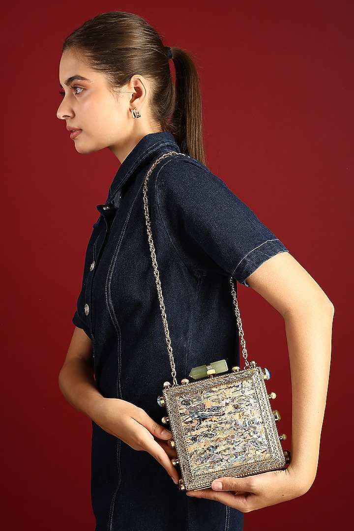 Gold Mother Of Pearl Square Clutch by House of Webhin at Pernia's Pop Up Shop