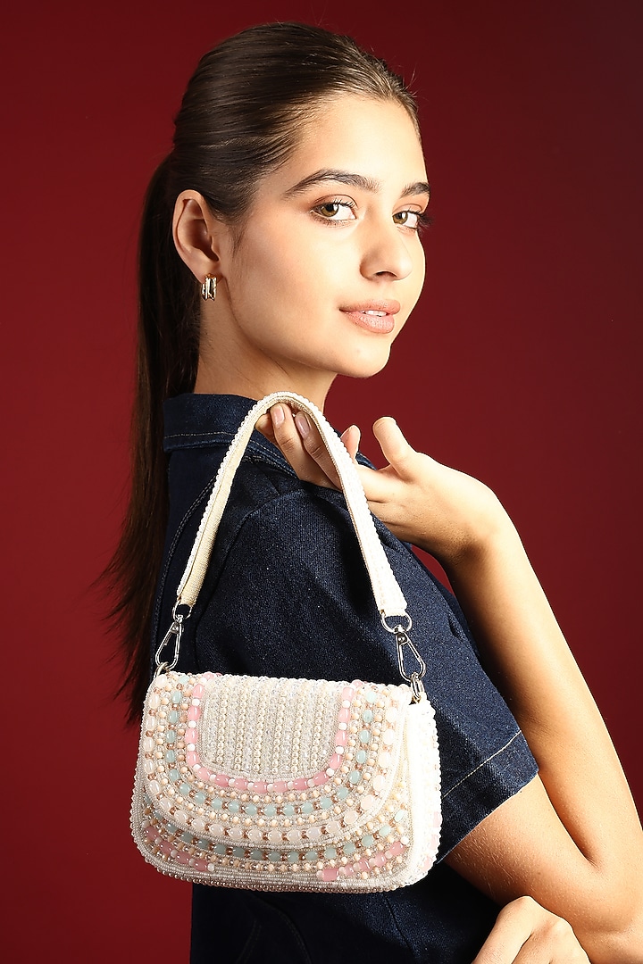 White Velvet Crystal Embellished Handcrafted Clutch by House of Webhin at Pernia's Pop Up Shop