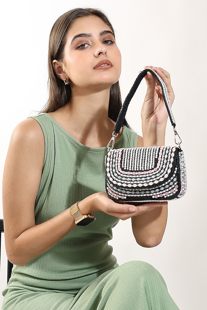 Black Velvet Crystal Embellished Handcrafted Clutch by House of Webhin at Pernia's Pop Up Shop