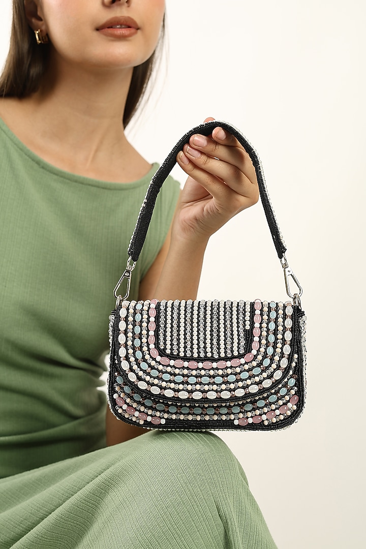 Black Velvet Crystal Embellished Handcrafted Clutch by House of Webhin at Pernia's Pop Up Shop
