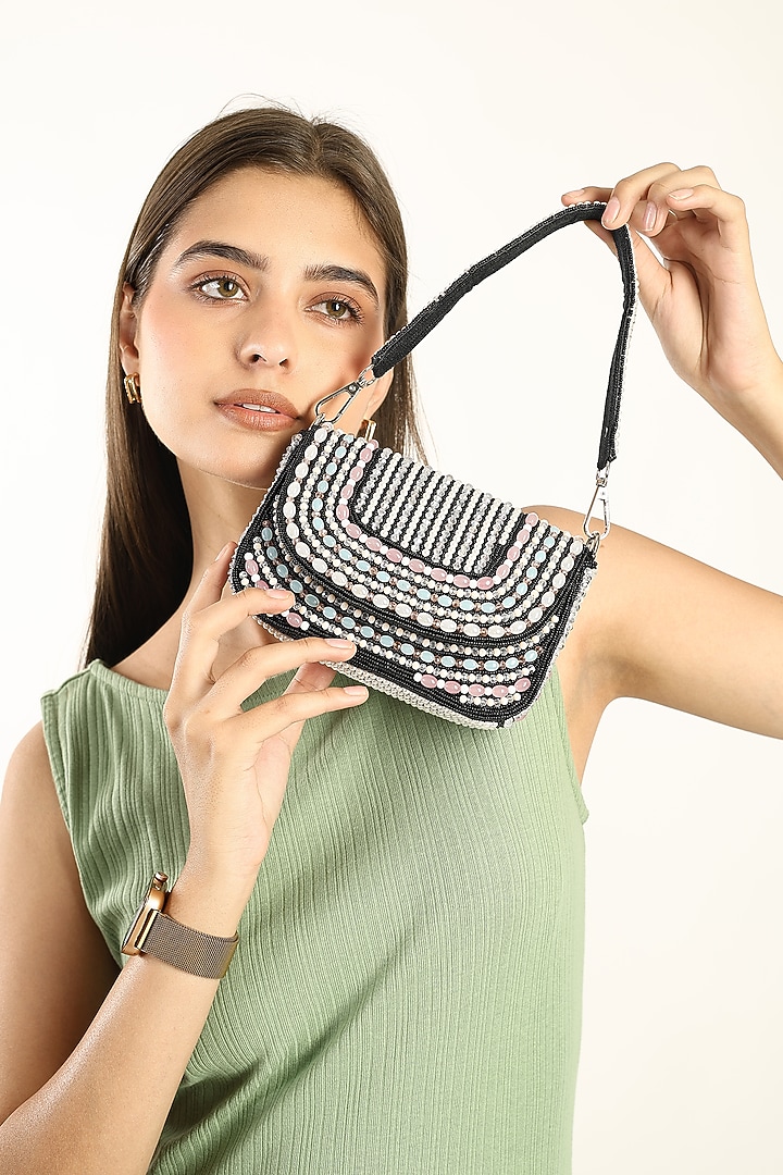 Black Velvet Crystal Embellished Handcrafted Clutch by House of Webhin at Pernia's Pop Up Shop