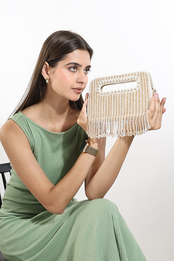 White Silk Glass Beadwork Handcrafted Clutch by House of Webhin at Pernia's Pop Up Shop