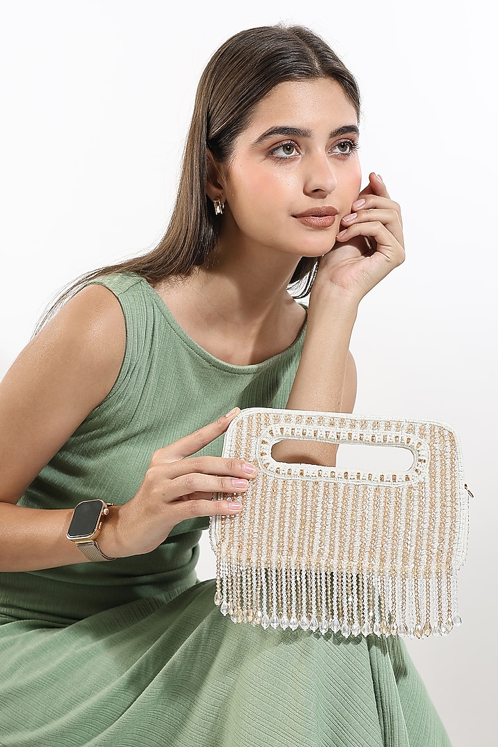 White Silk Glass Beadwork Handcrafted Clutch by House of Webhin at Pernia's Pop Up Shop