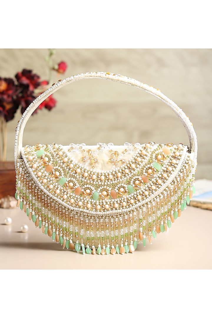 White Velvet Pearl Embroidered Half Moon Clutch by House of Webhin at Pernia's Pop Up Shop