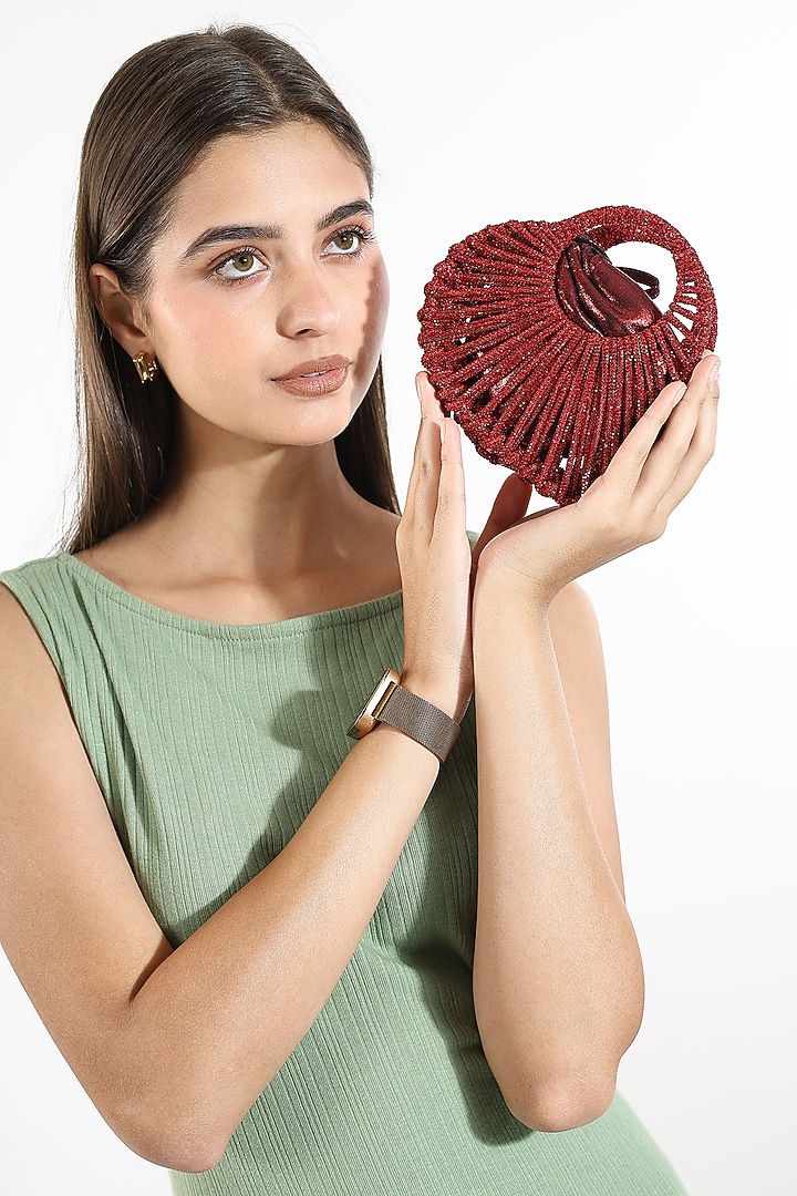 Red Macrame Rhinestone Cord Beaded Clutch by House of Webhin at Pernia's Pop Up Shop