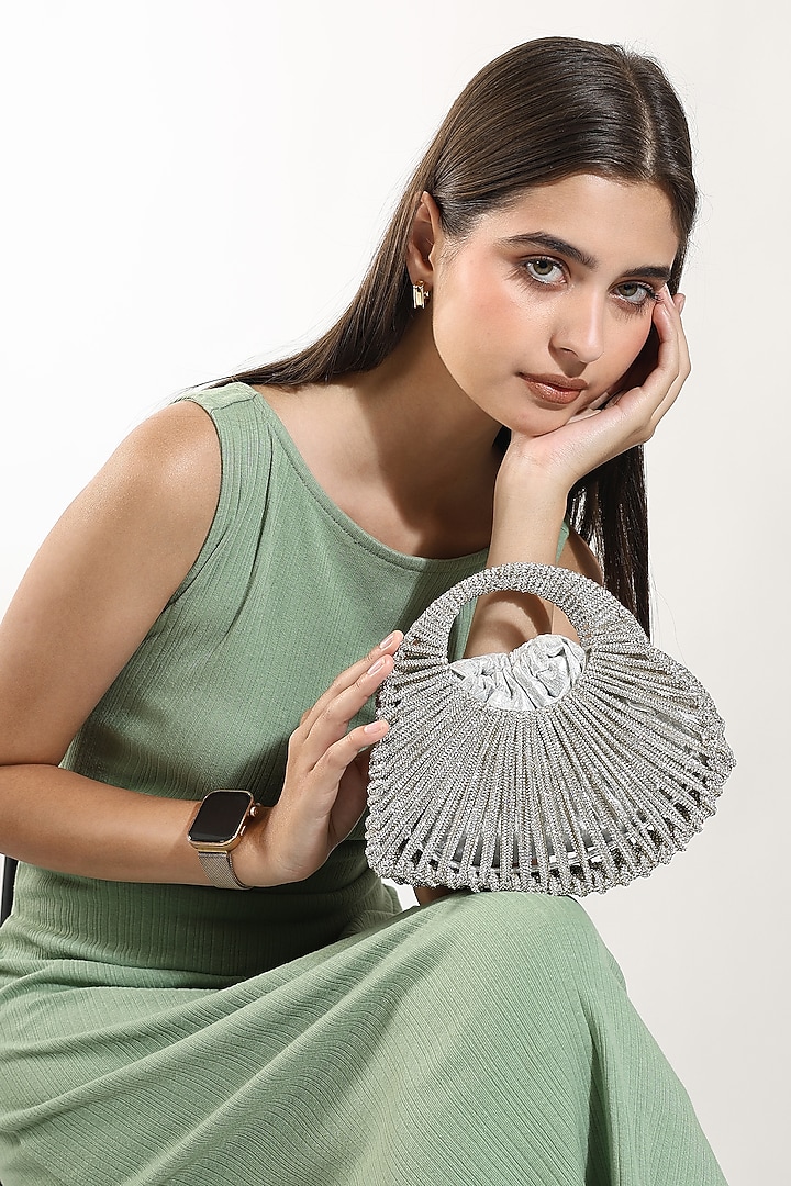 Silver Macrame Rhinestone Cord Beaded Clutch by House of Webhin at Pernia's Pop Up Shop