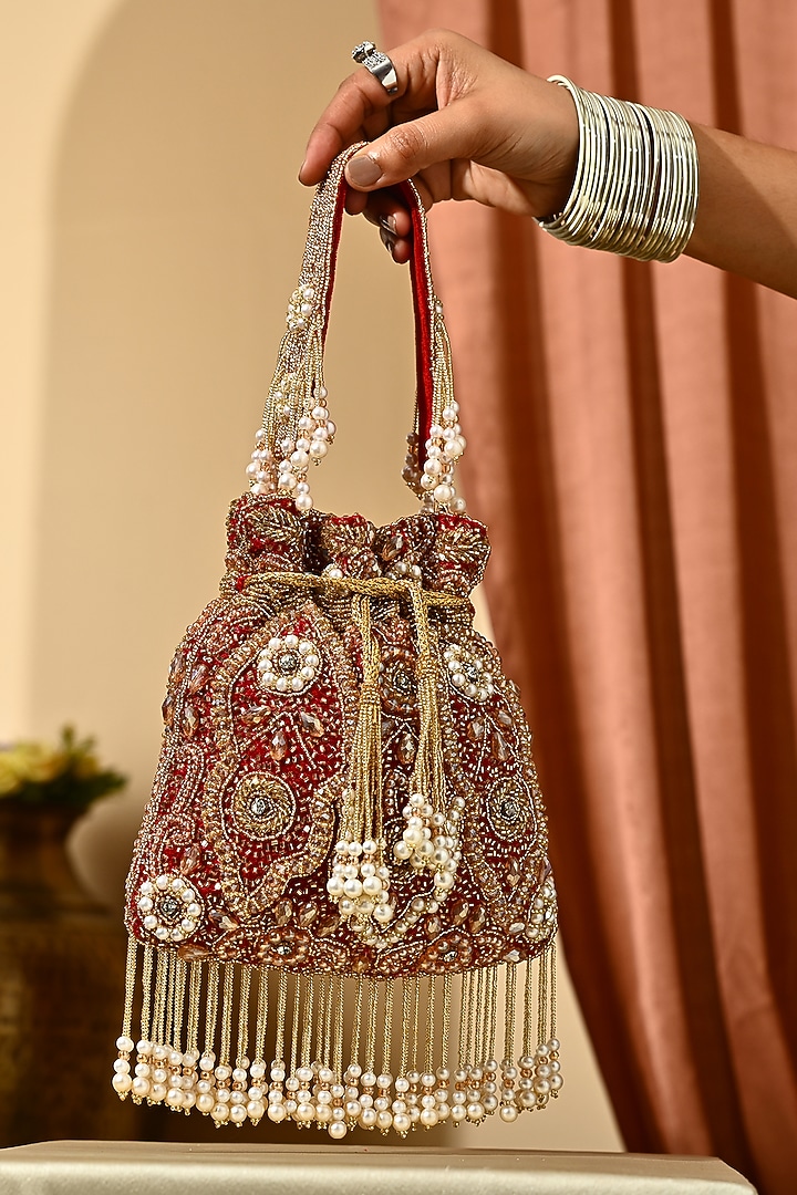 Red Velvet Cutdana Embellished Potli by House of Webhin at Pernia's Pop Up Shop