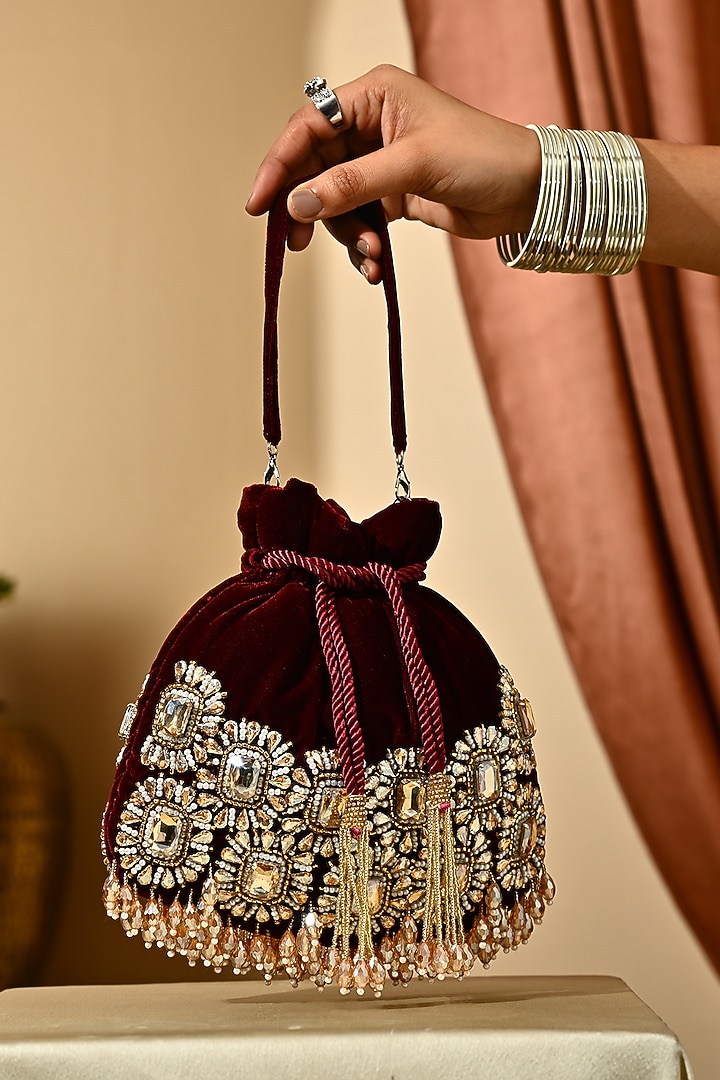 Maroon Velvet Stone Embellished Potli by House of Webhin at Pernia's Pop Up Shop
