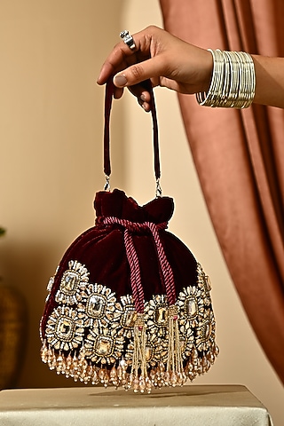 Maroon Velvet Stone Embellished Potli by House of Webhin
