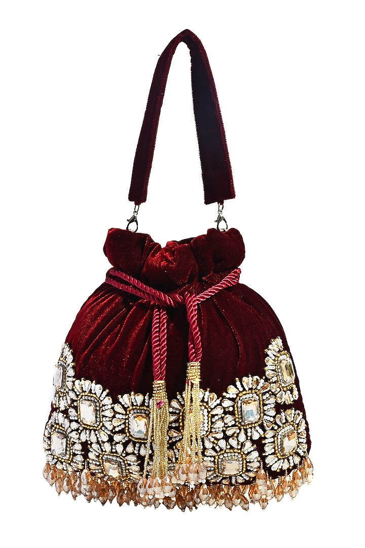 Maroon Velvet Stone Embellished Potli by House of Webhin at Pernia's Pop Up Shop