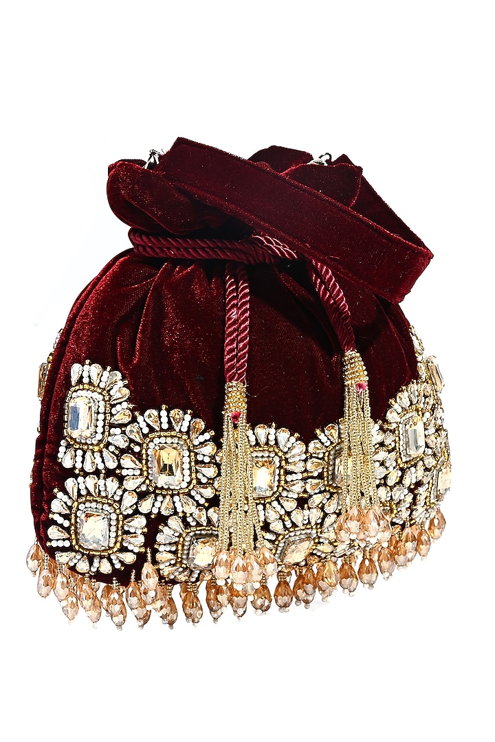 Maroon Velvet Stone Embellished Potli by House of Webhin at Pernia's Pop Up Shop