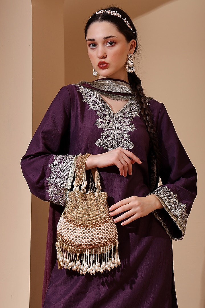 Gold Silk Cutdana Embroidered Handcrafted Potli by House of Webhin at Pernia's Pop Up Shop