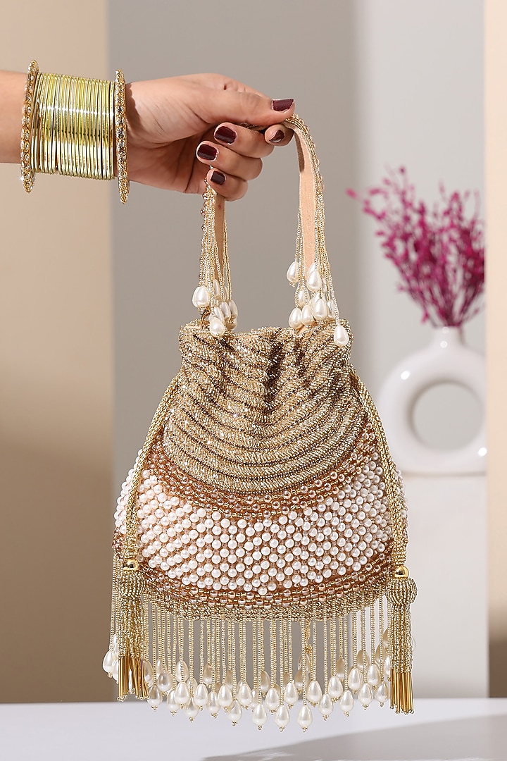 Gold Silk Cutdana Embroidered Handcrafted Potli by House of Webhin at Pernia's Pop Up Shop
