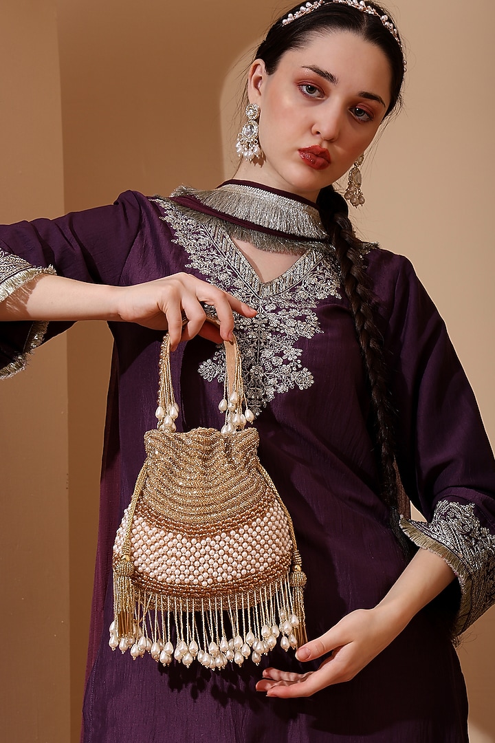 Gold Silk Cutdana Embroidered Handcrafted Potli by House of Webhin at Pernia's Pop Up Shop