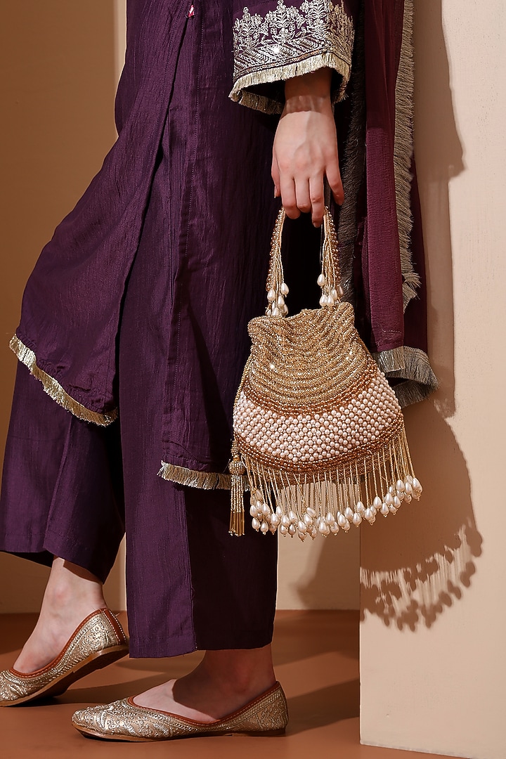 Gold Silk Cutdana Embroidered Handcrafted Potli by House of Webhin at Pernia's Pop Up Shop