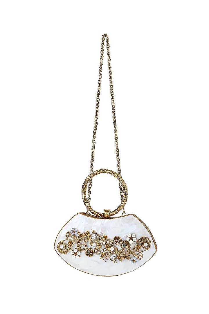 Gold Metal Mother Of Pearl Embellished Clutch by House of Webhin at Pernia's Pop Up Shop