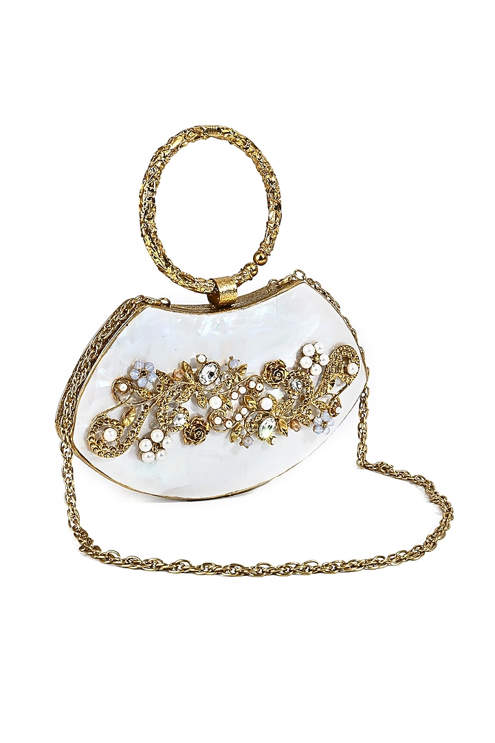 Gold Metal Mother Of Pearl Embellished Clutch by House of Webhin at Pernia's Pop Up Shop
