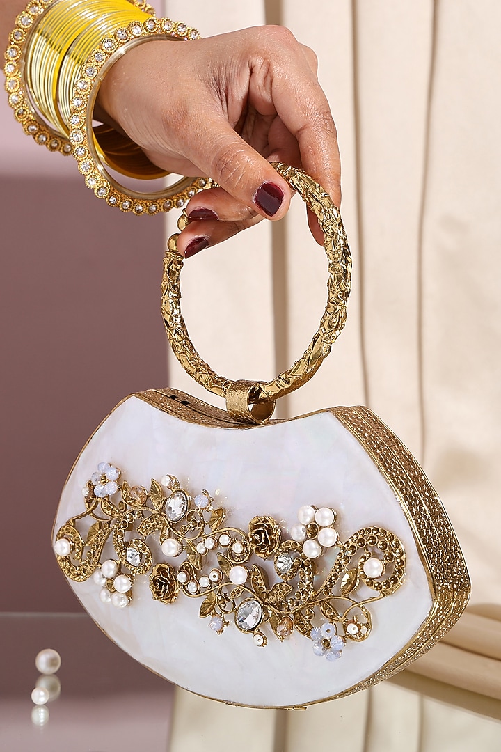 Gold Metal Mother Of Pearl Embellished Clutch by House of Webhin at Pernia's Pop Up Shop