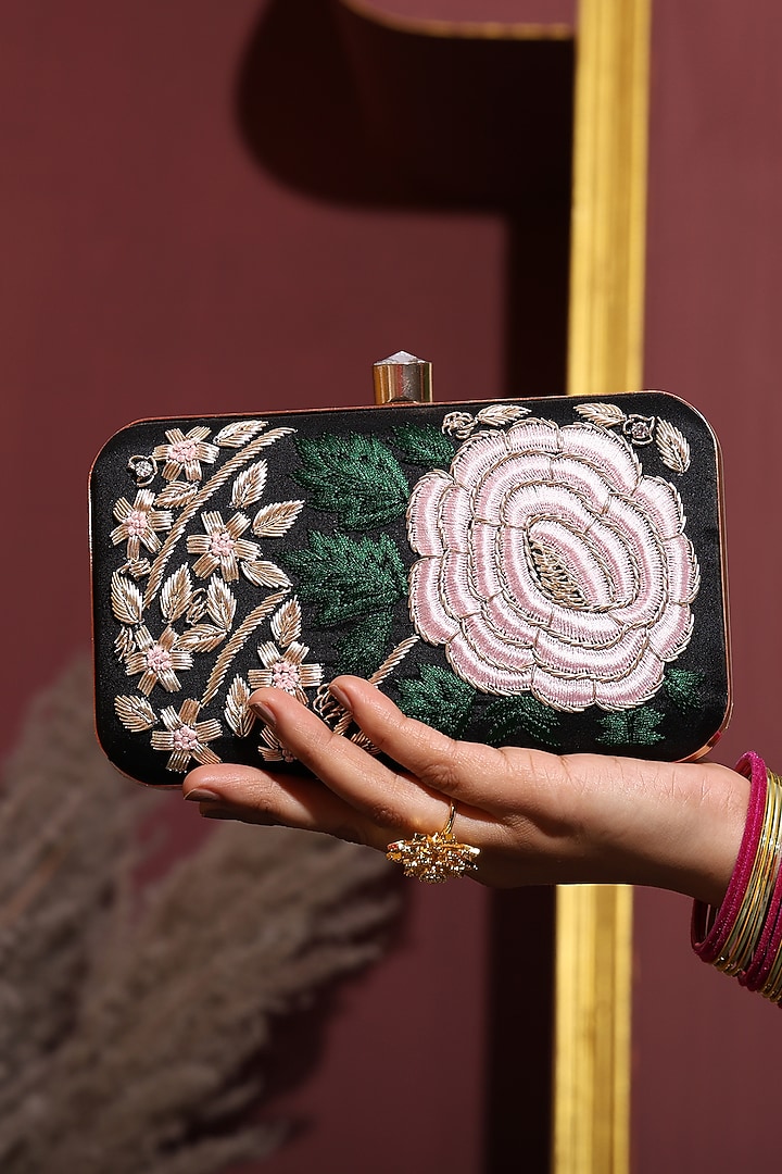 Black Silk Floral Hand Embroidered Rectangular Clutch by House of Webhin at Pernia's Pop Up Shop