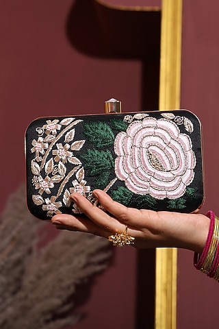 Black Silk Floral Hand Embroidered Rectangular Clutch by House of Webhin