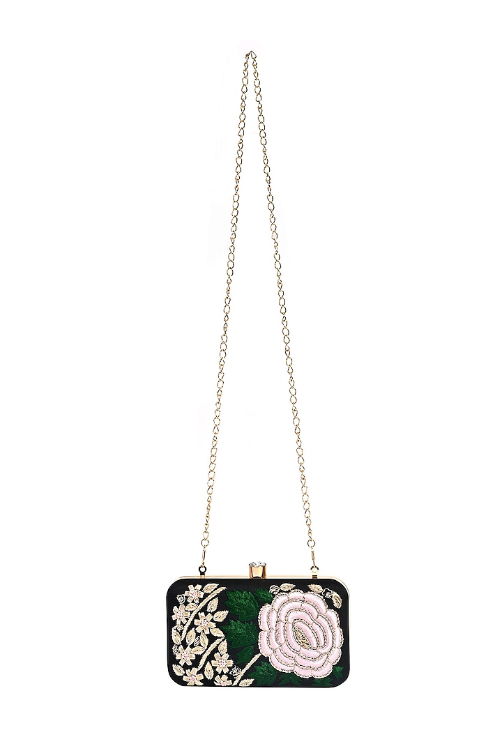 Black Silk Floral Hand Embroidered Rectangular Clutch by House of Webhin at Pernia's Pop Up Shop