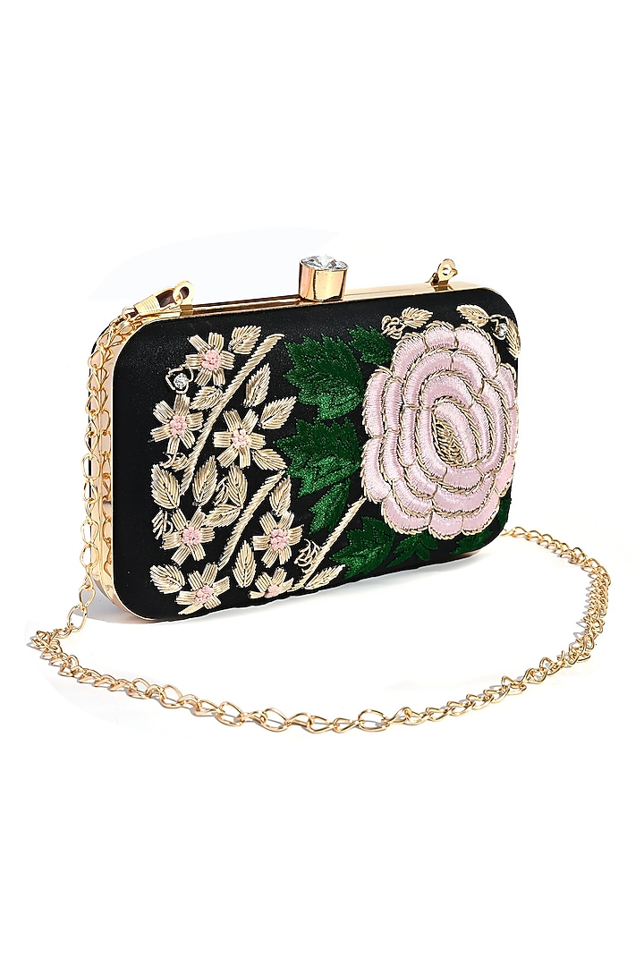 Black Silk Floral Hand Embroidered Rectangular Clutch by House of Webhin at Pernia's Pop Up Shop
