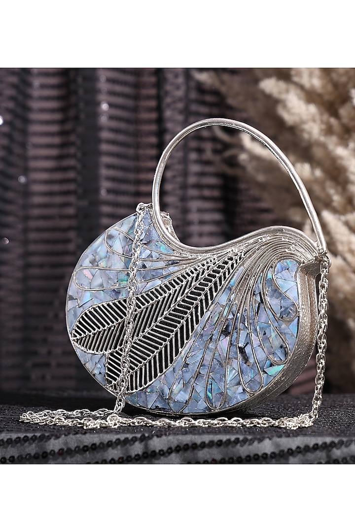 Silver Metallic Mother Of Pearl Handcrafted Clutch by House of Webhin at Pernia's Pop Up Shop