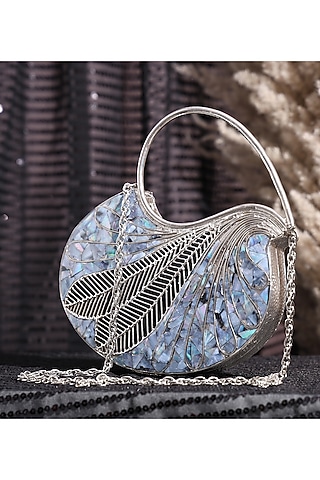 Silver Metallic Mother Of Pearl Handcrafted Clutch by House of Webhin