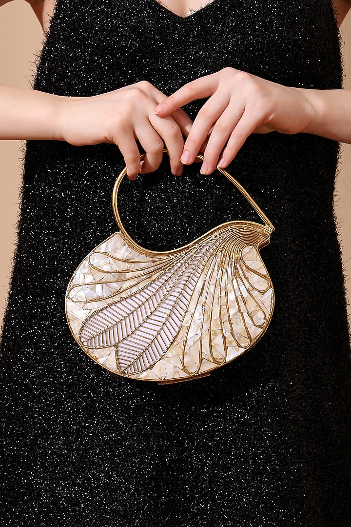Golden Metallic Mother Of Pearl Handcrafted Clutch by House of Webhin at Pernia's Pop Up Shop