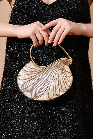 Golden Metallic Mother Of Pearl Handcrafted Clutch by House of Webhin