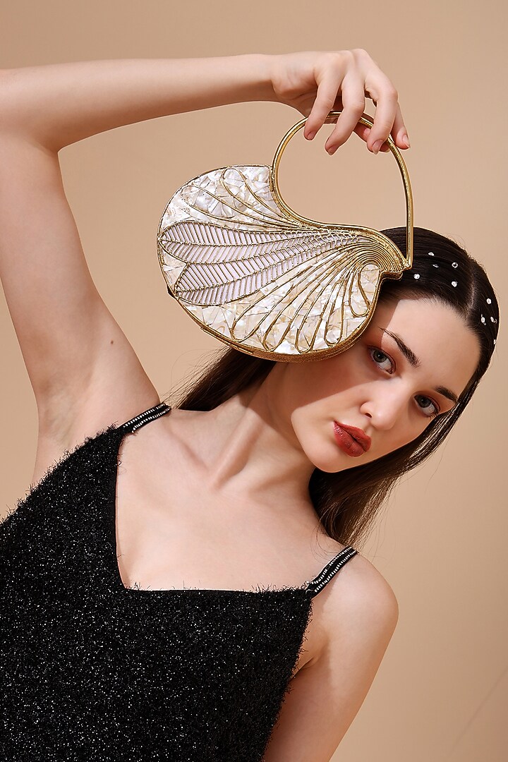 Golden Metallic Mother Of Pearl Handcrafted Clutch by House of Webhin at Pernia's Pop Up Shop