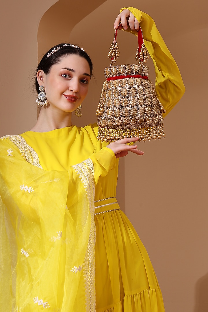 Red Velvet Cutdana Embroidered Potli Bag by House of Webhin at Pernia's Pop Up Shop