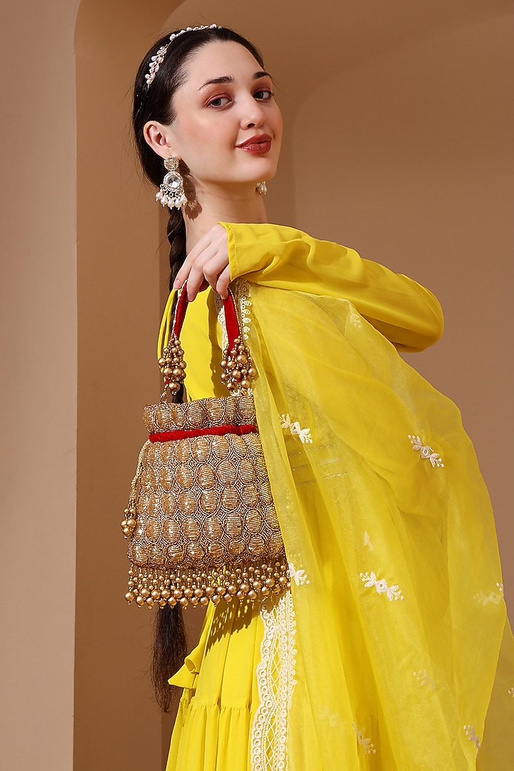 Red Velvet Cutdana Embroidered Potli Bag by House of Webhin at Pernia's Pop Up Shop