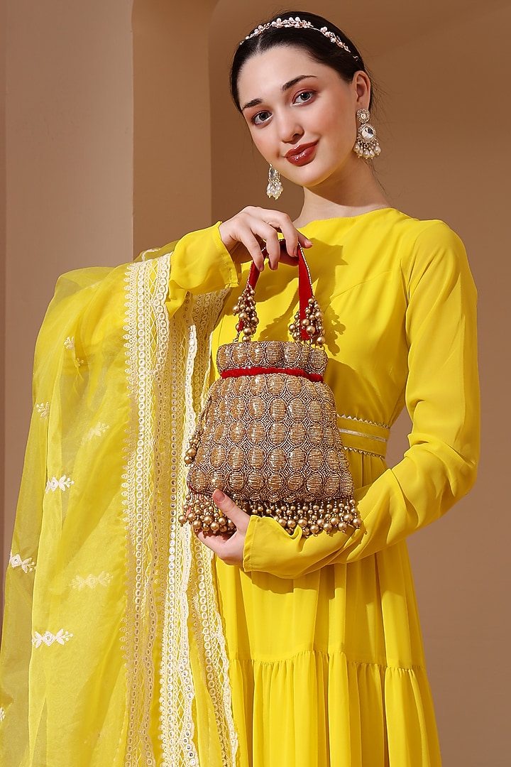 Red Velvet Cutdana Embroidered Potli Bag by House of Webhin at Pernia's Pop Up Shop