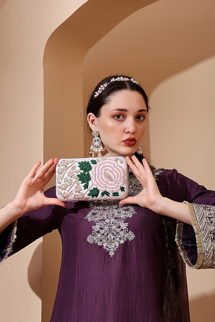 White Silk Floral Hand Embroidered Clutch by House of Webhin at Pernia's Pop Up Shop